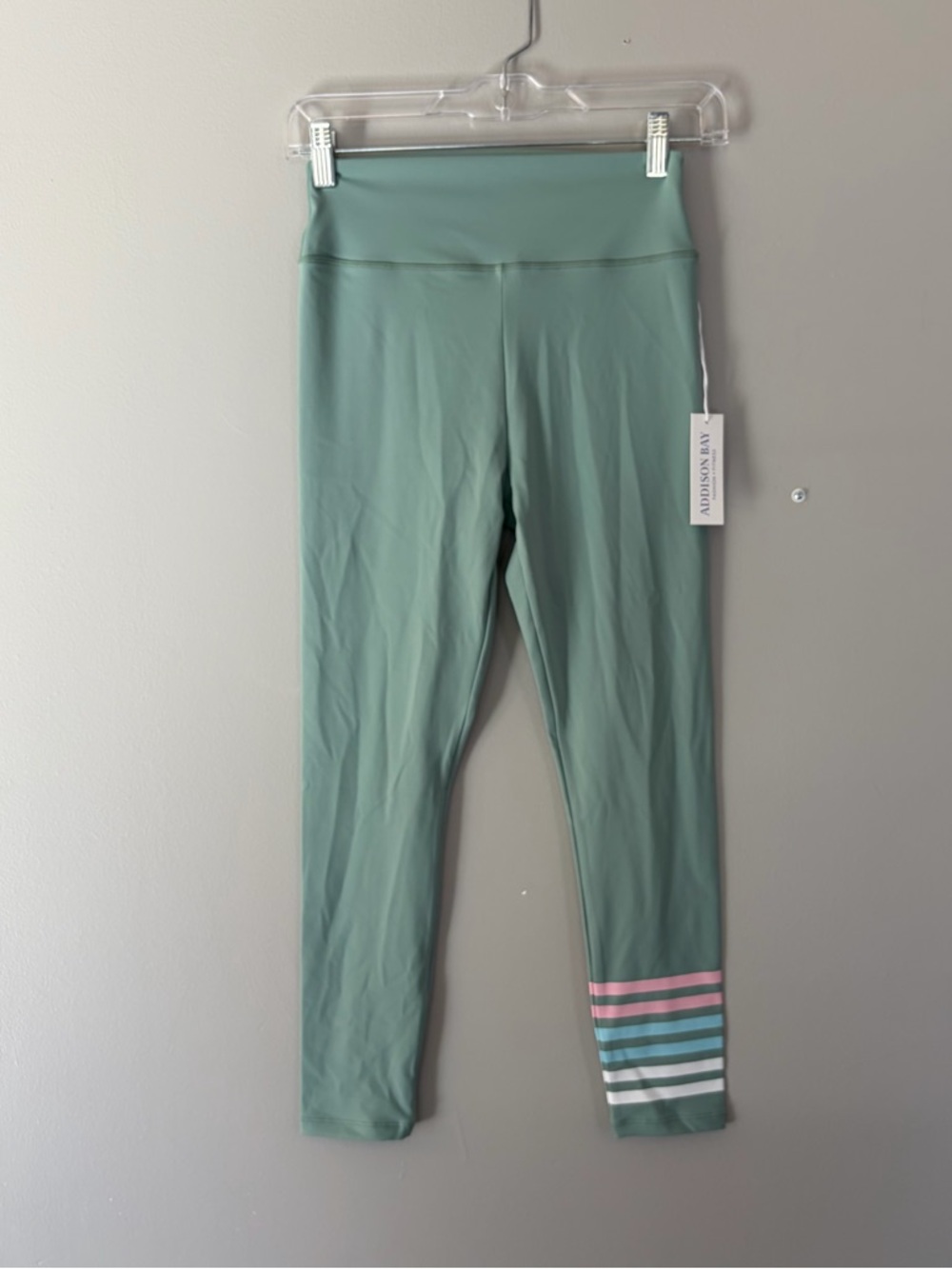Addison Bay Sage Green Leggings with Pink, Blue & White Striped Hem